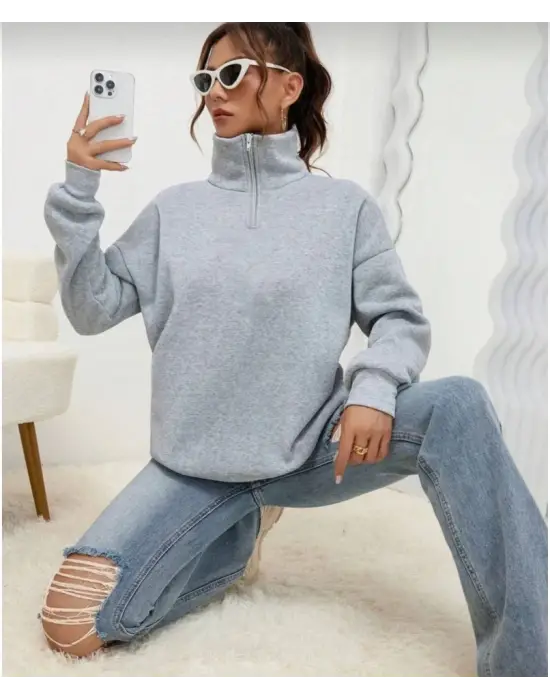 Unisex Uzun Kol Yarım Farmuarlı Yakalı Basic SweatShirt - Gri