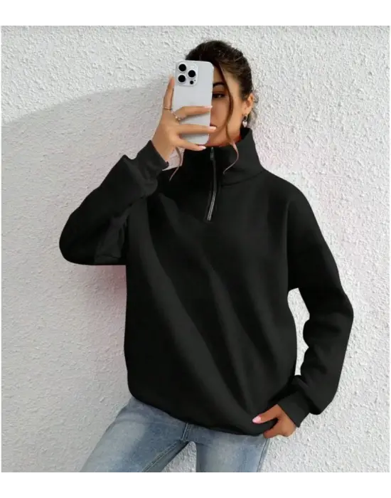 Unisex Yarım Farmuarlı Siyah Sweatshirt