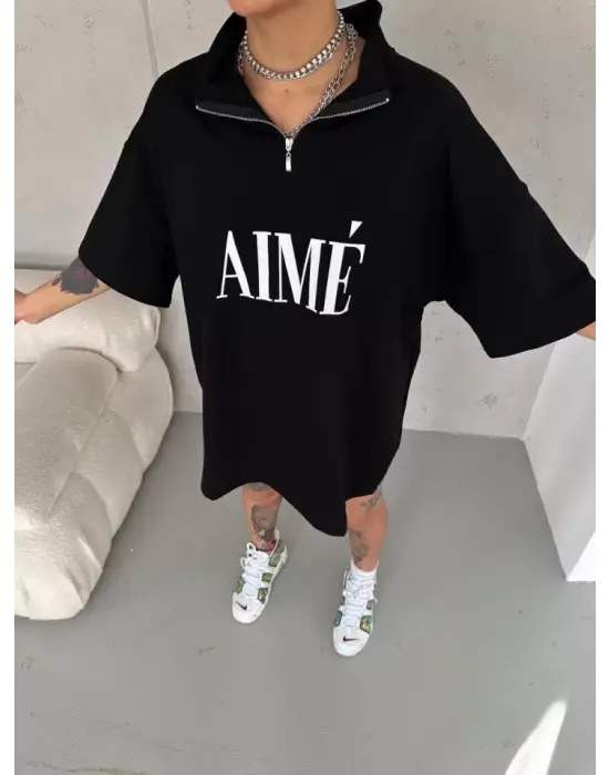 Omarı Baskılı Yarım Fermuarlı Unisex T-Shirt - Siyah