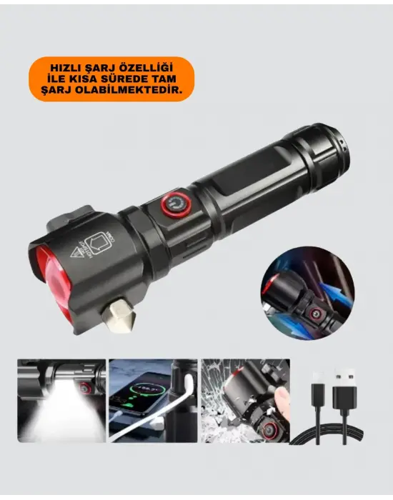 Usb Şarjlı Çok Amaçlı El Feneri Çekiçli Pusulalı