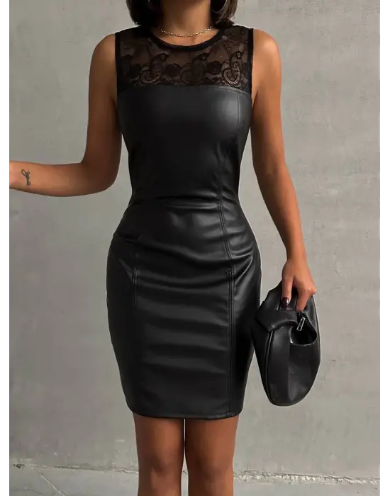 Omarı Dantelli Straplez Siyah Deri Elbise - Etkileyici ve Şık Tasarım