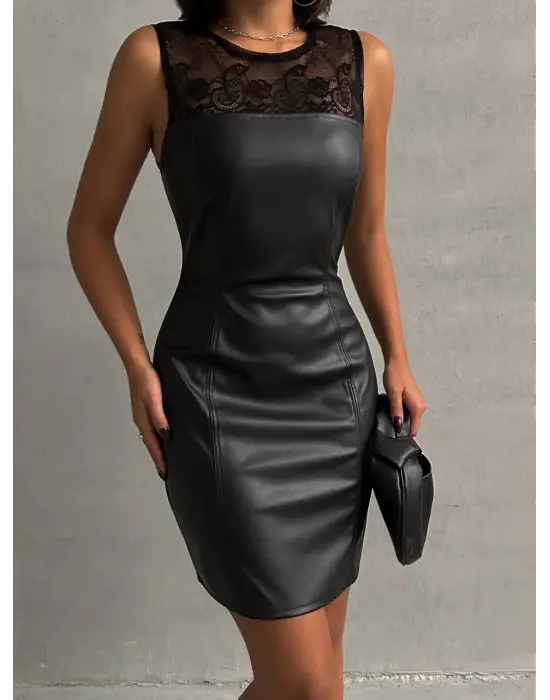 Omarı Dantelli Straplez Siyah Deri Elbise - Etkileyici ve Şık Tasarım