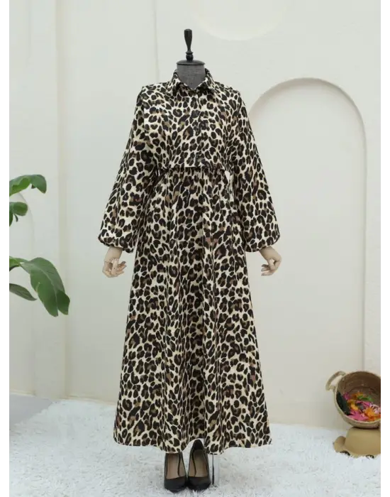 Omarı Leopar Desenli Vizon Elbise