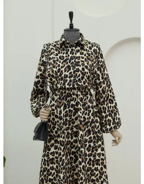Üstü Gömlek Detaylı Leopar Desenli Elbise -Vizon