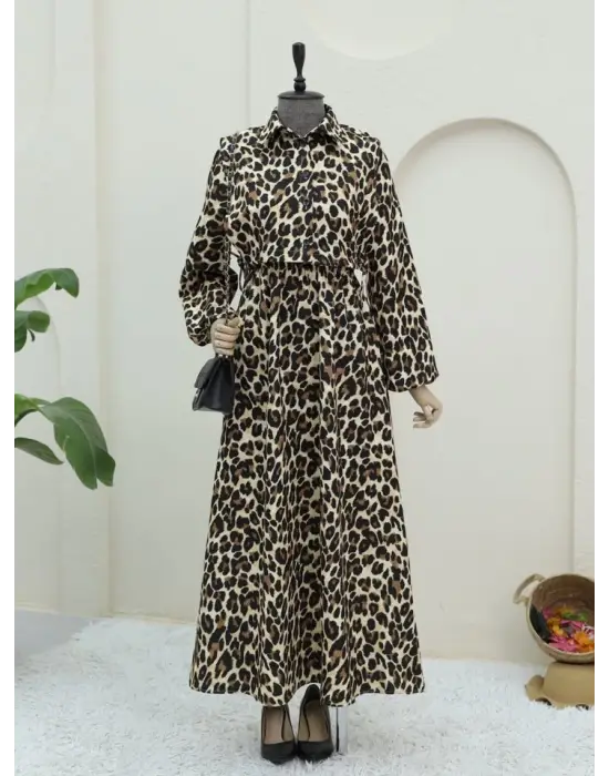 Omarı Leopar Desenli Vizon Elbise
