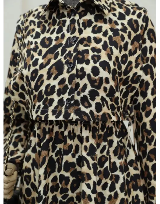Omarı Leopar Desenli Vizon Elbise