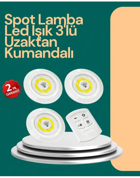 Uzaktan Kumanda İle Kontrol Edilebilen Yapışkanlı 3 Lü Kablosuz Led Spot Lamba