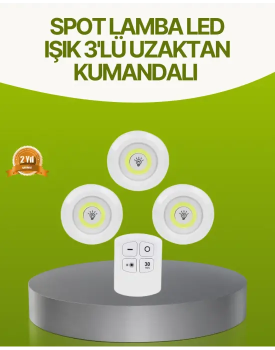 Uzaktan Kumandalı 3 Lü Kablosuz Led Spot Lamba Seti Yapışkanlı Pratik Kullanım