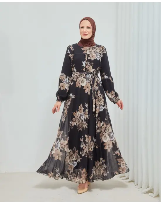 Omarı Zarif Yaprak Desenli Uzun Boy Astarlı Şifon Elbise