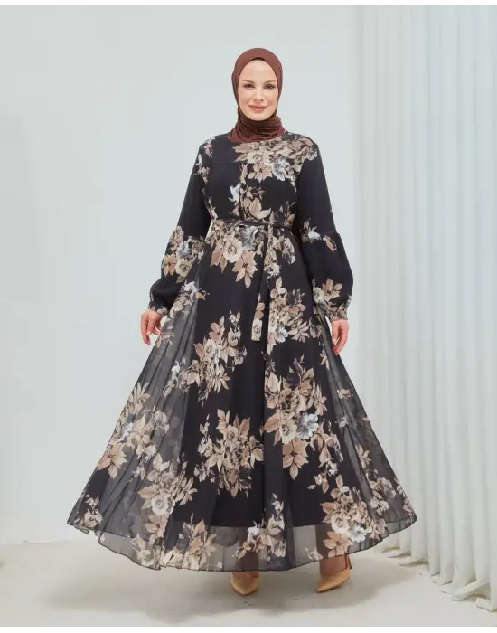 Omarı Zarif Yaprak Desenli Uzun Boy Astarlı Şifon Elbise