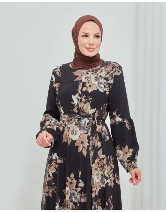 Omarı Zarif Yaprak Desenli Uzun Boy Astarlı Şifon Elbise