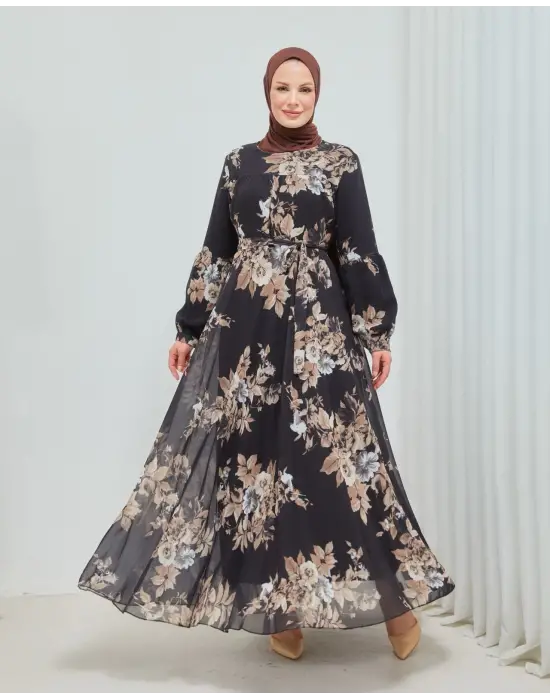 Omarı Zarif Yaprak Desenli Uzun Boy Astarlı Şifon Elbise