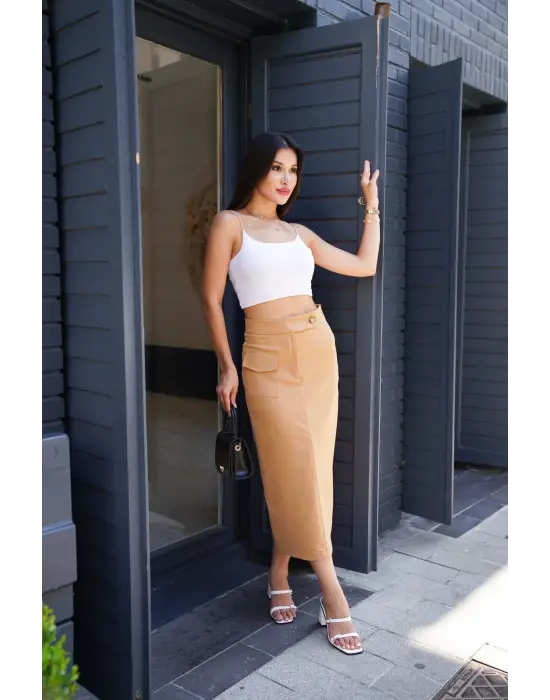 Omarı Deri Detaylı Şık Uzun Etek