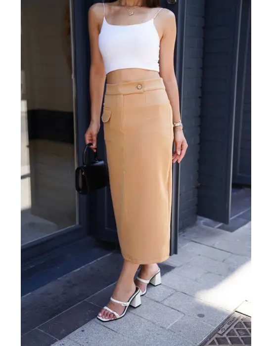 Omarı Deri Detaylı Şık Uzun Etek