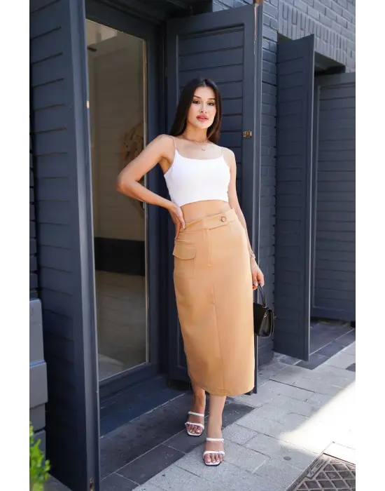 Omarı Deri Detaylı Şık Uzun Etek