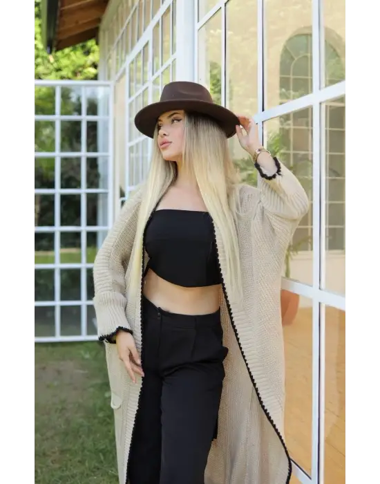 Uzun hırka çoban dikiş bej