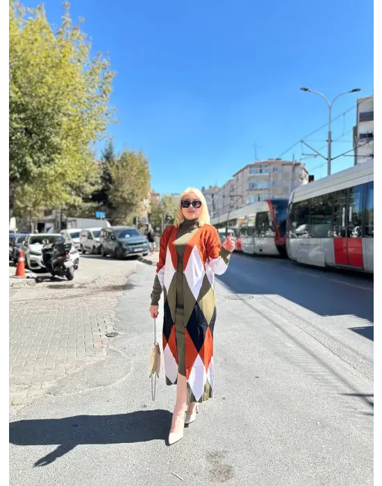 Uzun hırka içi elbise ikili triko takım ekose baklava desen haki kırmızı