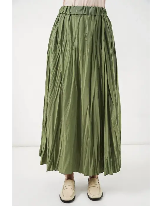 Uzun Kırışık Etek 8042 - A.Haki