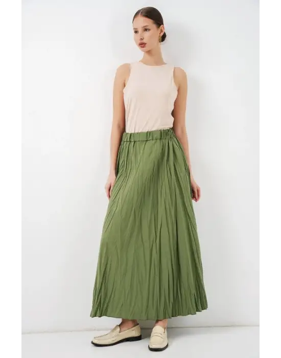 Uzun Kırışık Etek 8042 - A.Haki