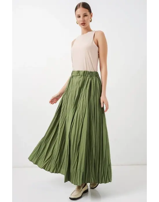 Uzun Kırışık Etek 8042 - A.Haki