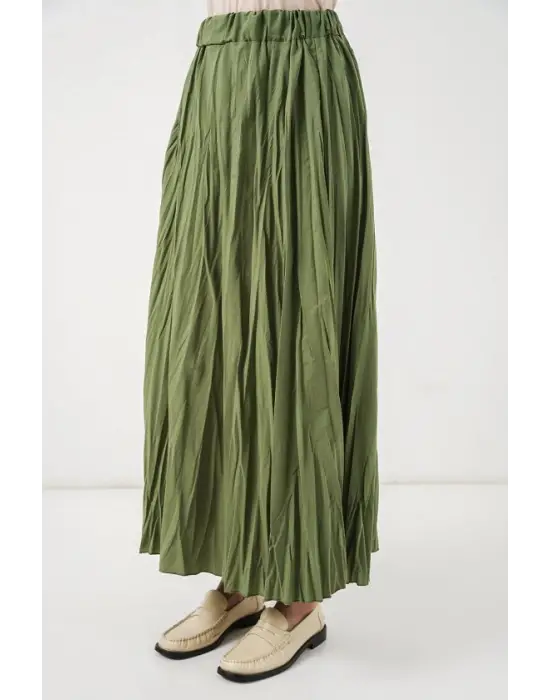 Uzun Kırışık Etek 8042 - A.Haki