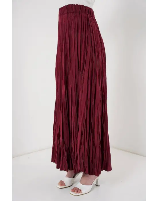 Uzun Kırışık Etek 8042 - Bordo