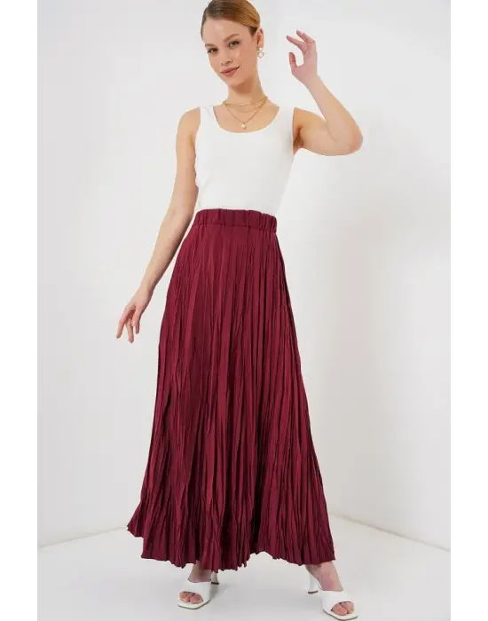 Uzun Kırışık Etek 8042 - Bordo