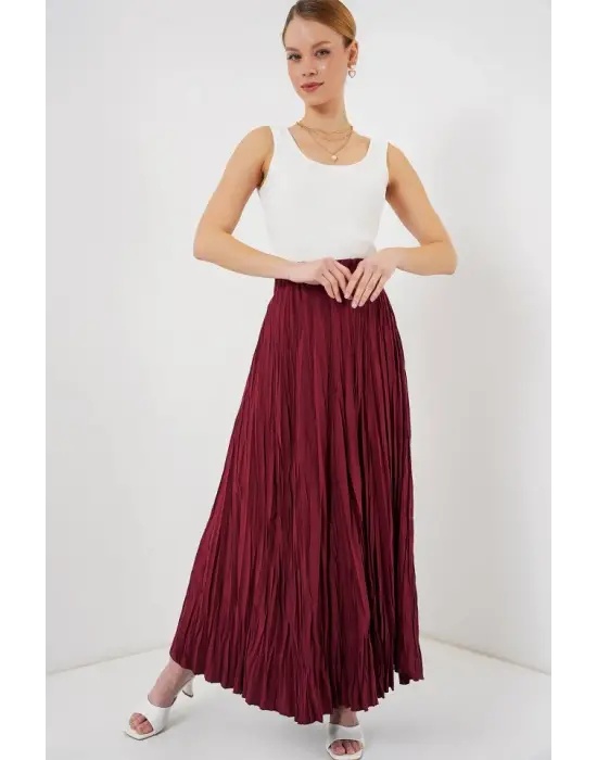 Uzun Kırışık Etek 8042 - Bordo