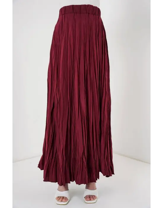 Uzun Kırışık Etek 8042 - Bordo