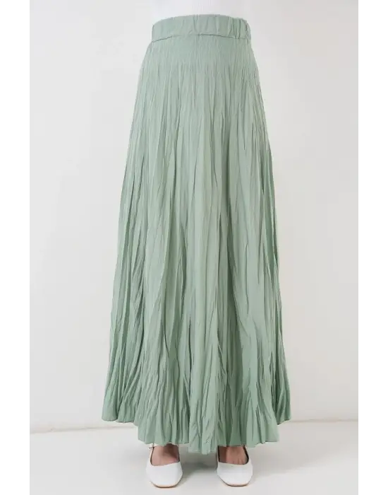 Uzun Kırışık Etek 8042 - Çağla