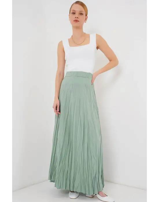 Uzun Kırışık Etek 8042 - Çağla