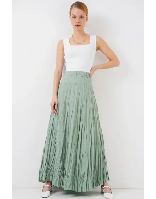 Uzun Kırışık Etek 8042 - Çağla