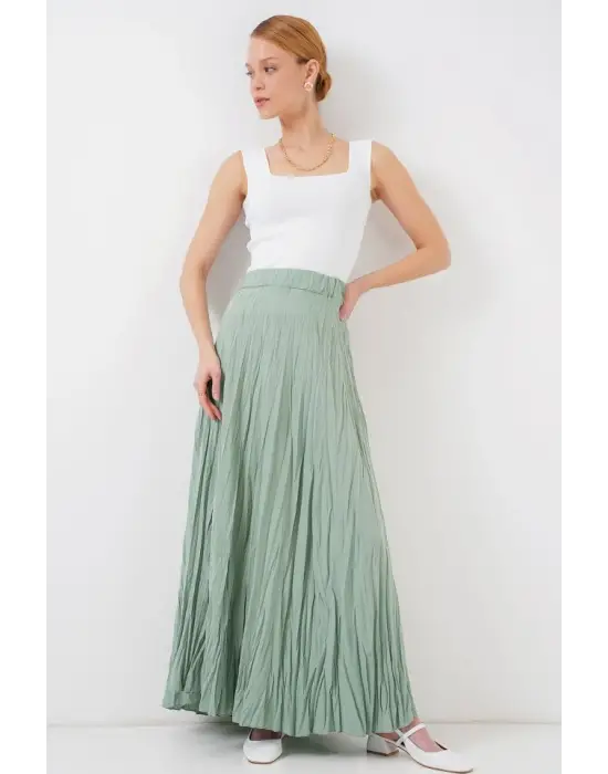 Uzun Kırışık Etek 8042 - Çağla