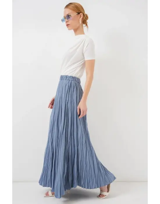 Uzun Kırışık Etek 8042 - İndigo