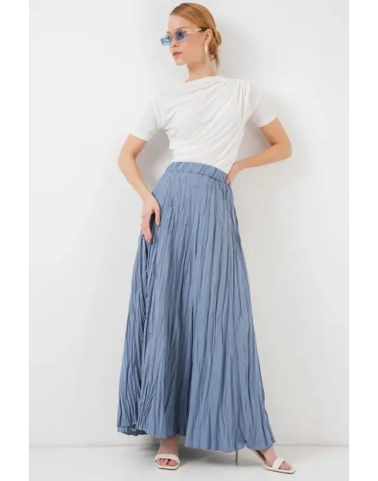 Uzun Kırışık Etek 8042 - İndigo