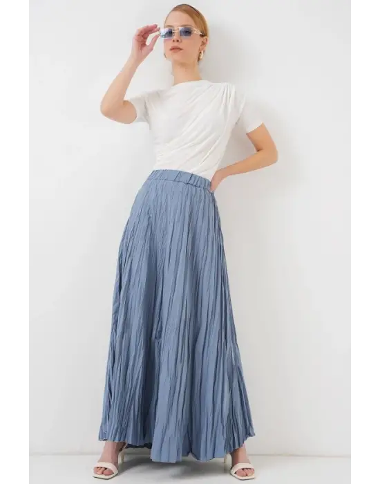 Uzun Kırışık Etek 8042 - İndigo