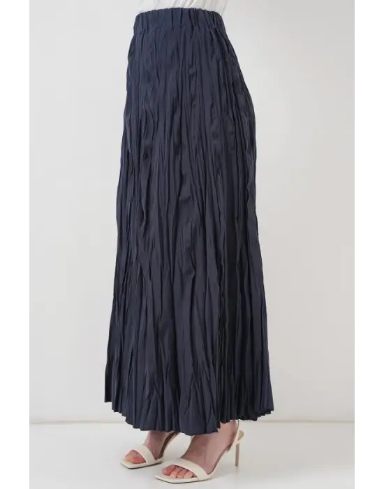 Uzun Kırışık Etek 8042 - Lacivert