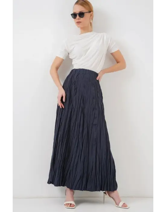 Uzun Kırışık Etek 8042 - Lacivert