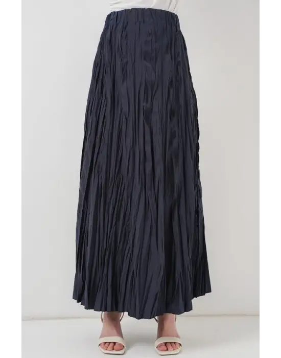 Uzun Kırışık Etek 8042 - Lacivert