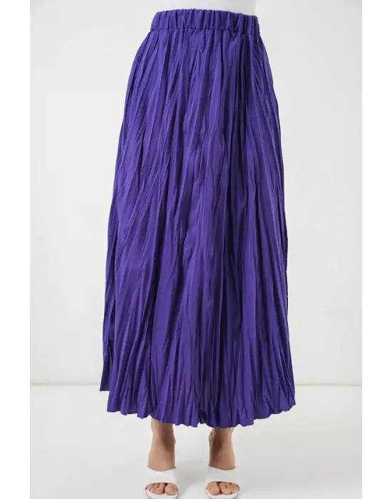 Uzun Kırışık Etek 8042 - Mor