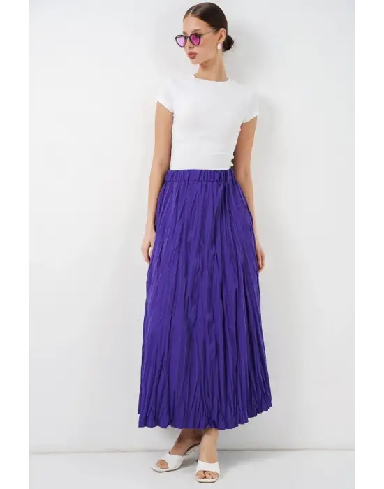 Uzun Kırışık Etek 8042 - Mor
