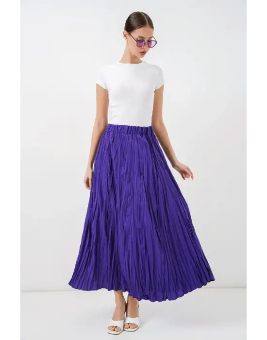 Uzun Kırışık Etek 8042 - Mor