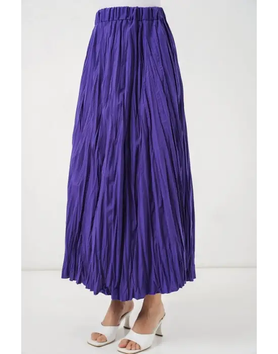 Uzun Kırışık Etek 8042 - Mor