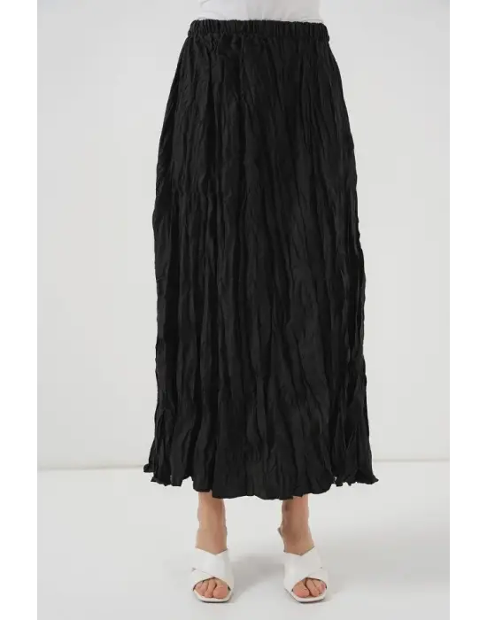 Uzun Kırışık Etek 8042 - Siyah