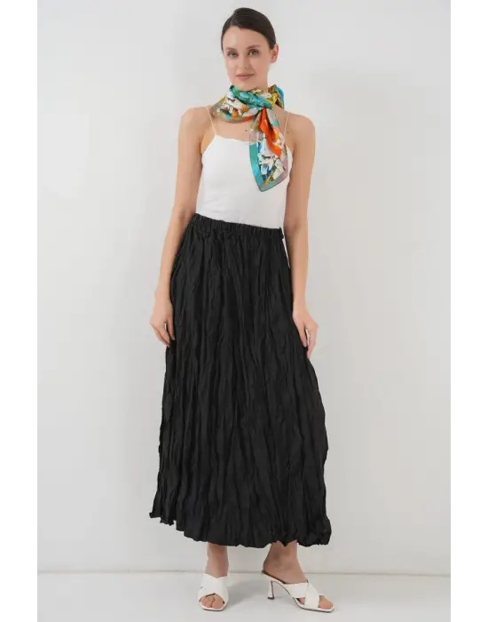 Uzun Kırışık Etek 8042 - Siyah