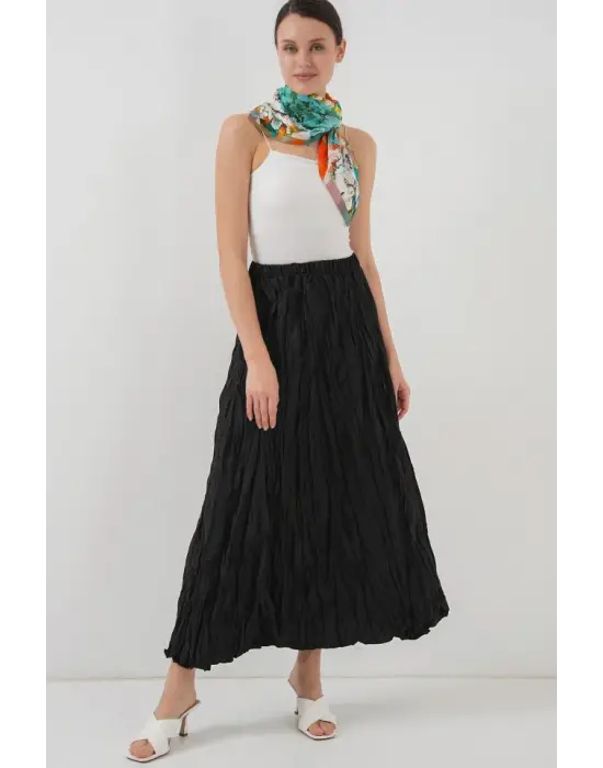 Uzun Kırışık Etek 8042 - Siyah