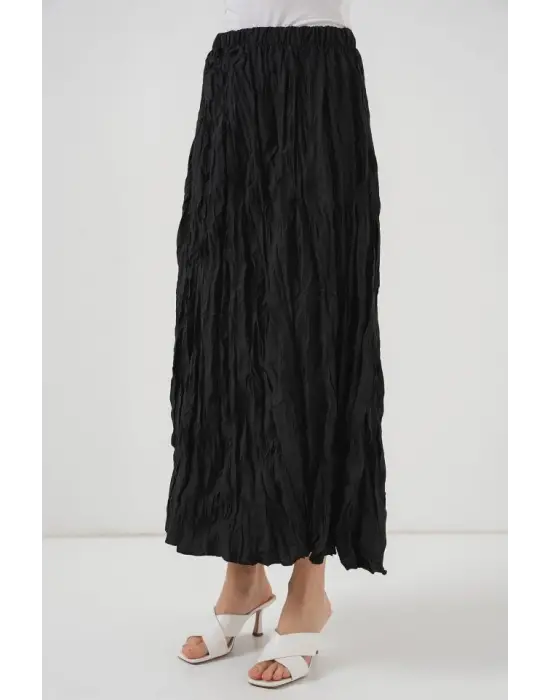 Uzun Kırışık Etek 8042 - Siyah