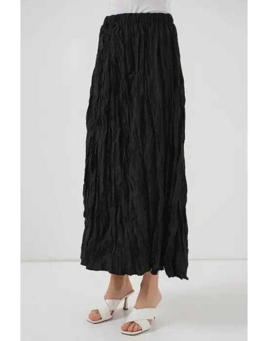 Uzun Kırışık Etek 8042 - Siyah