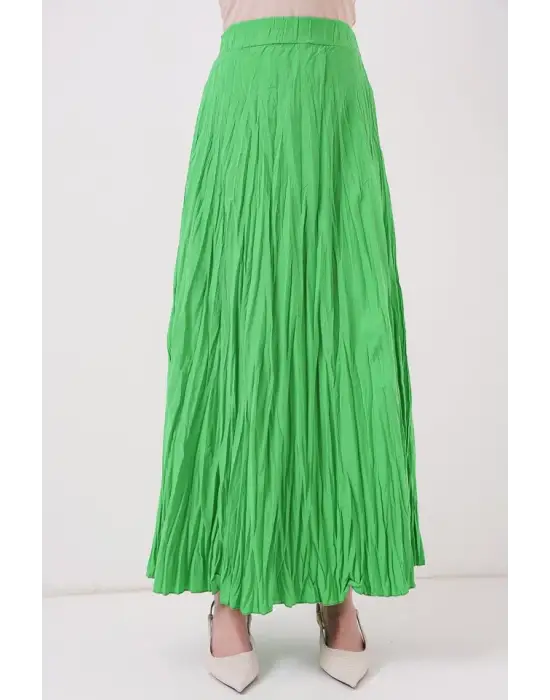 Uzun Kırışık Etek 8042 - Yeşil