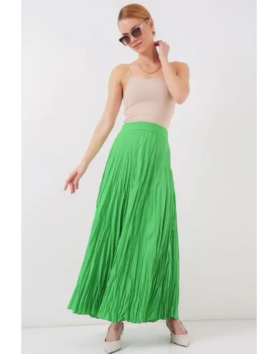 Uzun Kırışık Etek 8042 - Yeşil